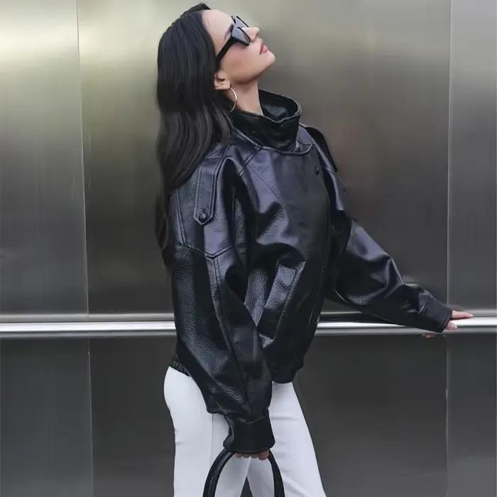 HXAO veste en simili cuir femme manteau court noir Bomber vestes pour femme vêtements de sortie d'hi