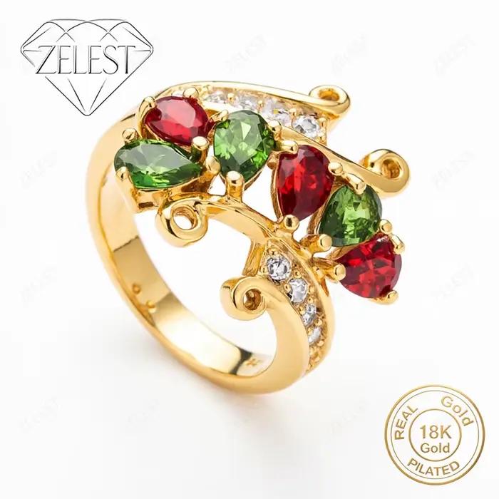 Bague en argent sterling 925 plaqué or 18 carats avec zircon rouge et vert exquis pour femmes - Bijo