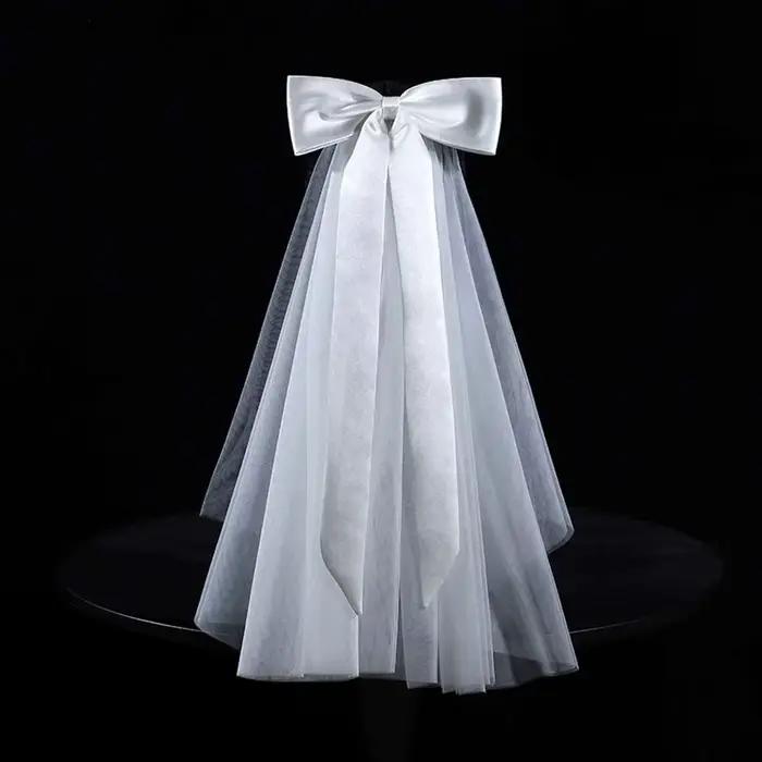 Beau châle Long en Satin avec nœud, voile romantique monocouche, couvre-chef blanc pour mariée, Tull