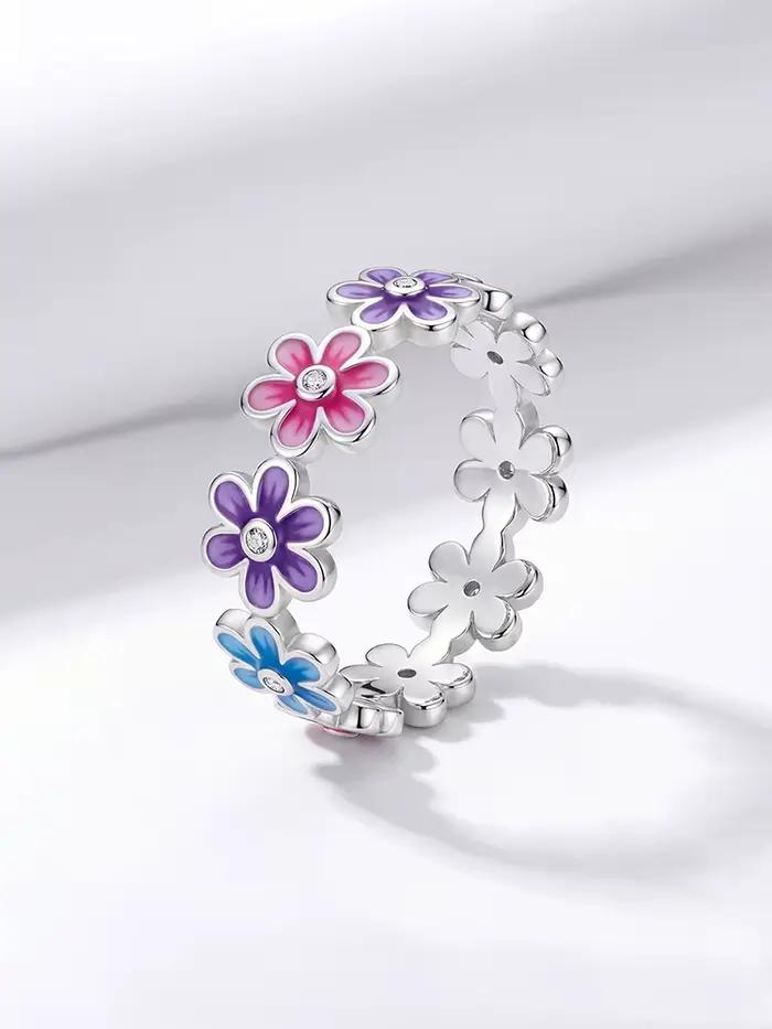 Bague en argent Sterling 925 pour femmes, fleurs colorées romantiques, bijoux fins de haute qualité,