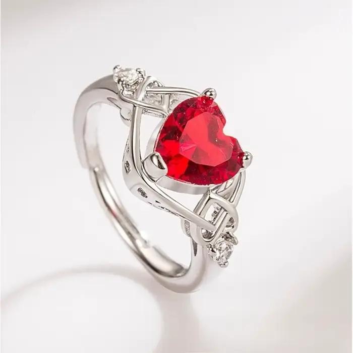 Bague en argent Sterling 925 avec cœur d'amour en Zircon rouge, taille réglable, pour femmes, bijoux