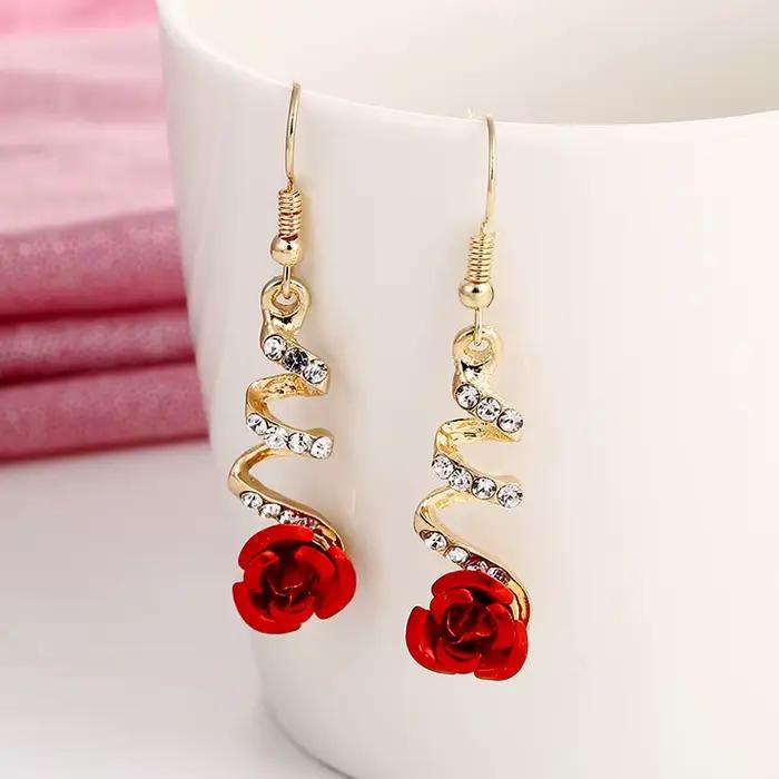 Boucles d'oreilles en forme de Rose rouge pour femmes, bijoux à la mode, Vintage, strass, fleurs, pe