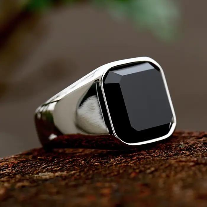 Bagues simples en acier inoxydable avec Zircon, pierre d'agate noire, pour hommes et femmes, bijoux 