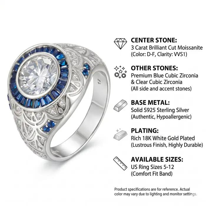 Bague en Moissanite Diamant Couleur D 3cttw, Argent Sterling 925 Plaqué Or 18 carats, Style Halo Vin