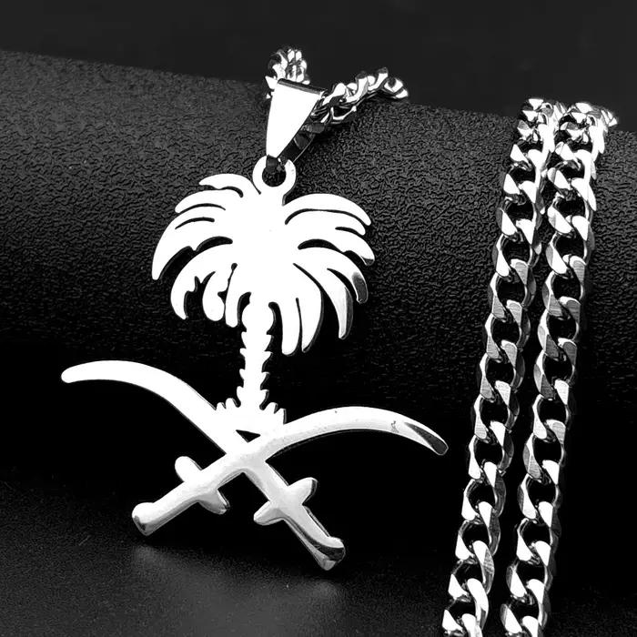 Collier pendentif emblème national d'Arabie Saoudite, palmier et épée croisée Ali, en acier inoxydab
