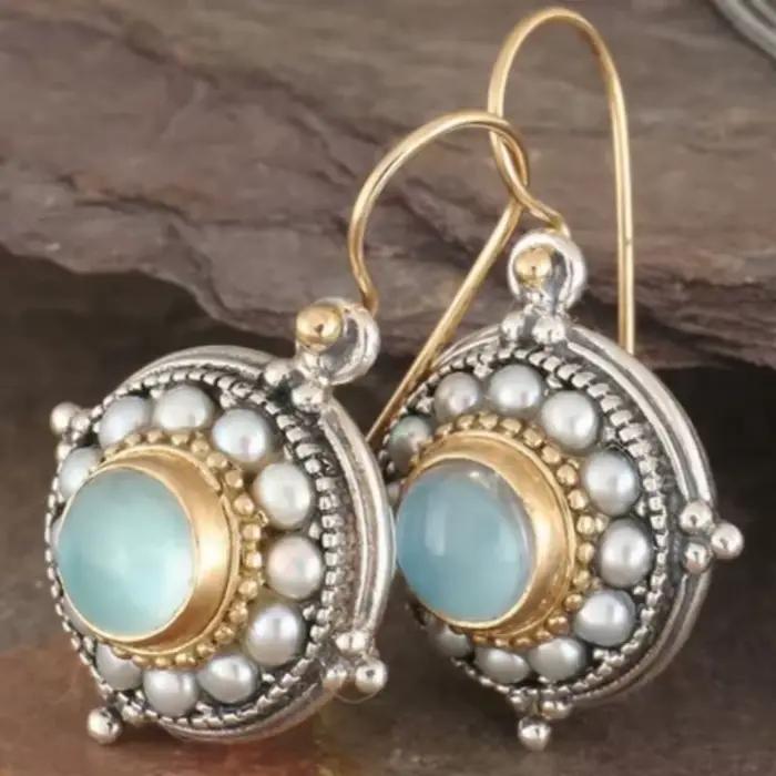 Boucles d'oreilles pendantes de style palais vintage pour femmes, plaquées argent antique, incrustée
