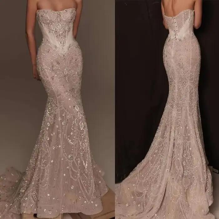 Magnifique robe de mariée sirène, sans bretelles, avec des appliques en cristal, longueur au sol, pe
