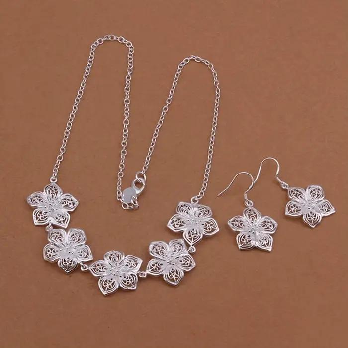 Bijoux de mariage couleur argent, breloque, pendentif fleur creuse, collier, boucles d'oreilles, mod
