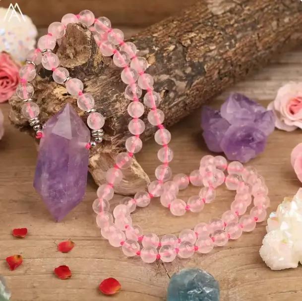 Collier en pierre d'améthyste naturelle, pendentif à double pointe, perles de jaspes de sédiments ma