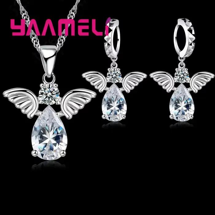 Vente spéciaux mignon ange forme bijoux ensembles cristal 925 en argent Sterling pendentif collier e