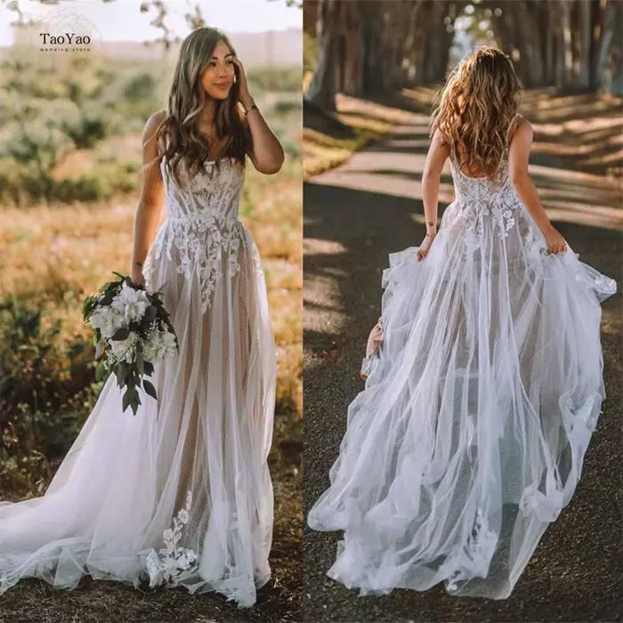 Boho-Robe de Mariée à Dos auxavec Bretelles Spaghetti, Encolure Carrée de la raq, A-ligne, Robe Éduc