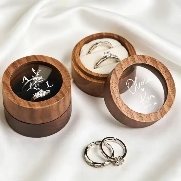 Boîte à alliances personnalisée, boîte à alliances ronde en bois, double boîte à alliances avec fenê