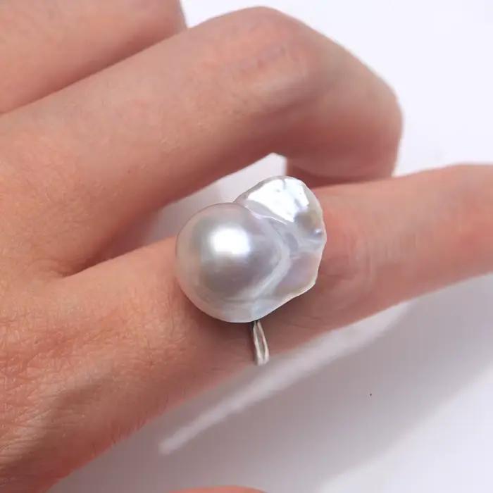 Bague en argent sterling 925 Mareora avec perle baroque naturelle d'eau douce, grande irrégularité, 