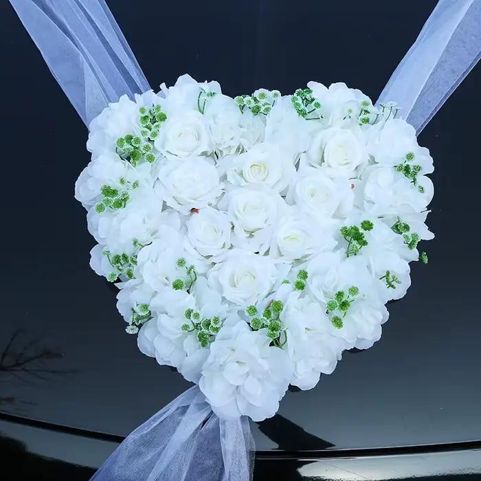 Décoration de voiture de mariage en roses artificielles en forme de cœur, entièrement blanches, ense