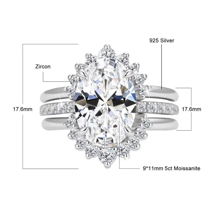 Ensemble de bagues empilables 3 pièces en or 14K avec halo de moissanite ovale 5 carats Au585, ensem