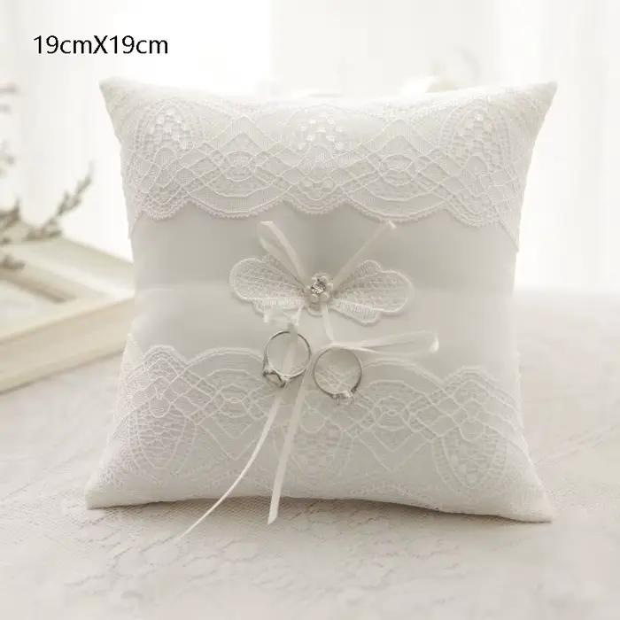 Coussin porte-alliances de mariage brodé avec poche et ruban, pour demande en mariage et décoration 