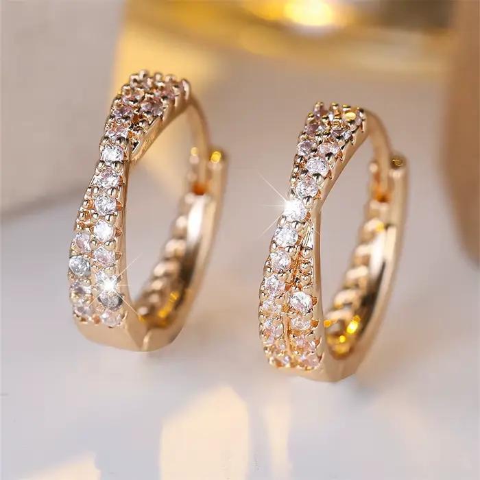Boucles d'oreilles créoles croisées en Zircon blanc pour femmes, petite pierre, Vintage, couleur or 