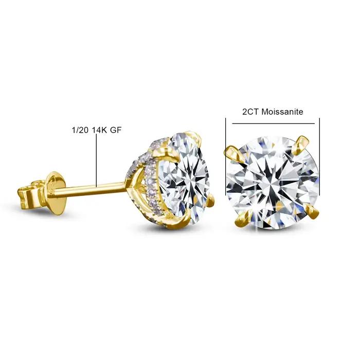 AU585 14K or rempli rond Moissanite clous d'oreilles femmes hommes Couple Piercing boucle d'oreille 