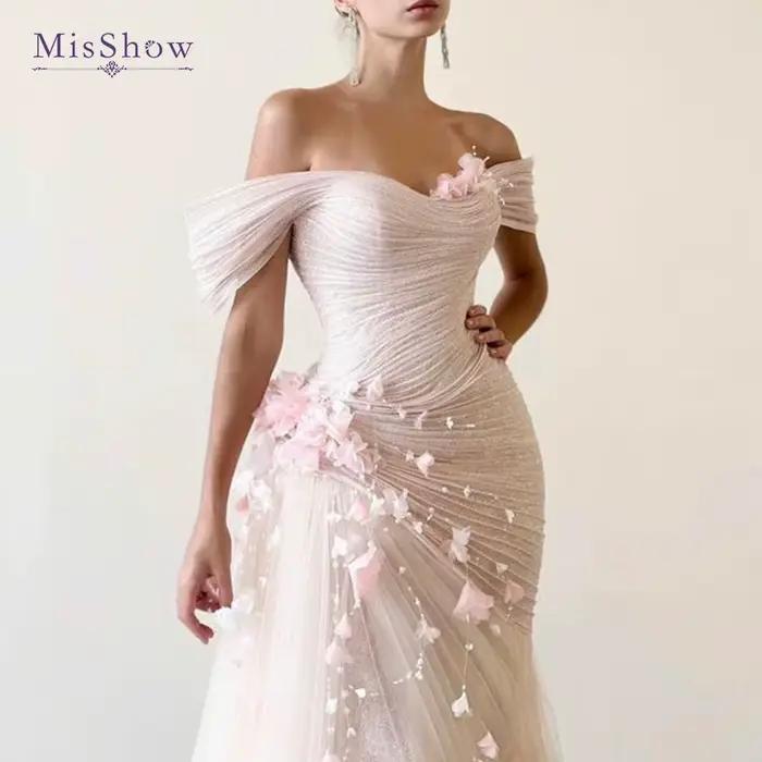 Robe de mariée sirène rose personnalisée MisShow, épaules dénudées, fleurs, tulle, sans manches, rob