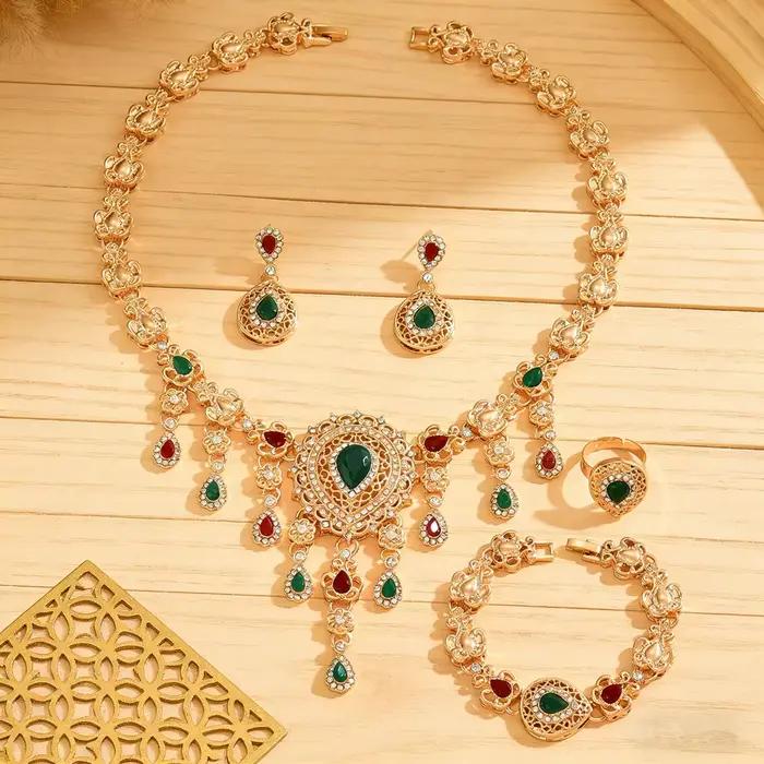 Ensemble de bijoux en forme de gouttelette rouge et verte, incrusté de strass, vintage, ethnique, ma