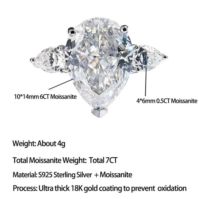 Bague de fiançailles LinkerLove en argent S925 avec 3 pierres en moissanite taille poire 6 carats, g