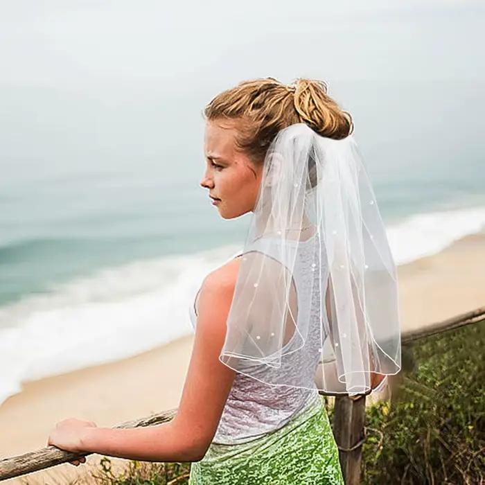Voile en tulle blanc avec peigne et perles pour mariée