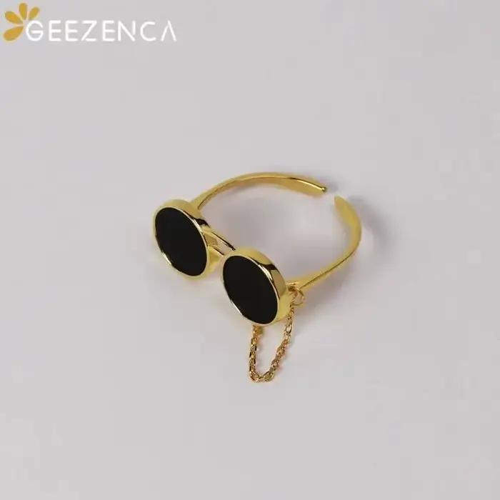 Bague en argent sterling 925 en forme de lunettes de soleil avec agate noire pour femmes occasions de fête style hip hop chic original