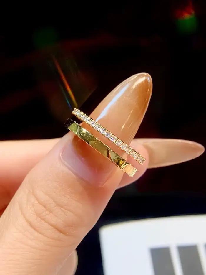 Bague ronde à double couche en diamant Moissanite véritable pour femmes