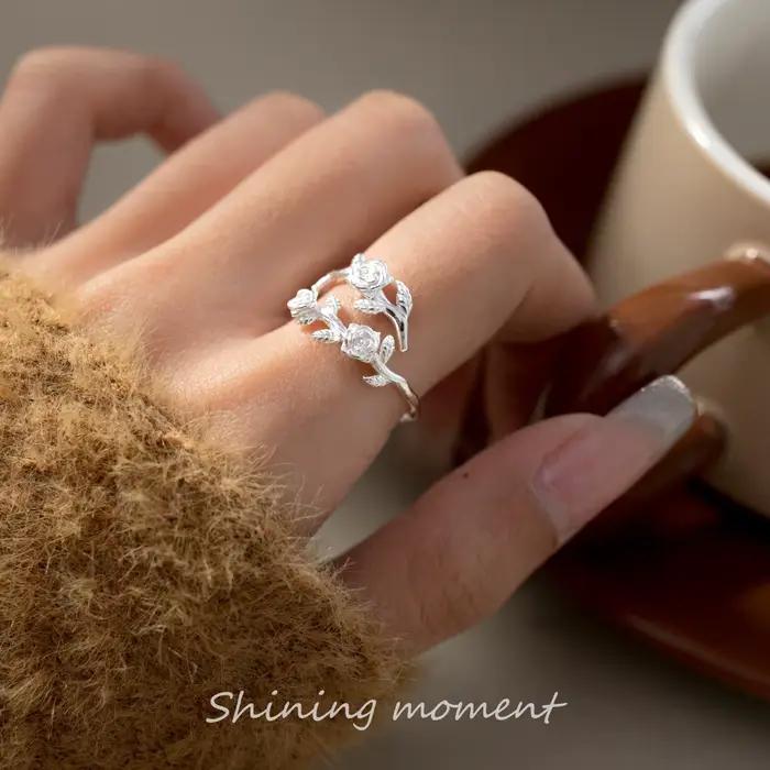Bague en argent sterling 925 réglable pour femmes motif rose élégante bijou de luxe pour occasions spéciales partys fiançailles mariage