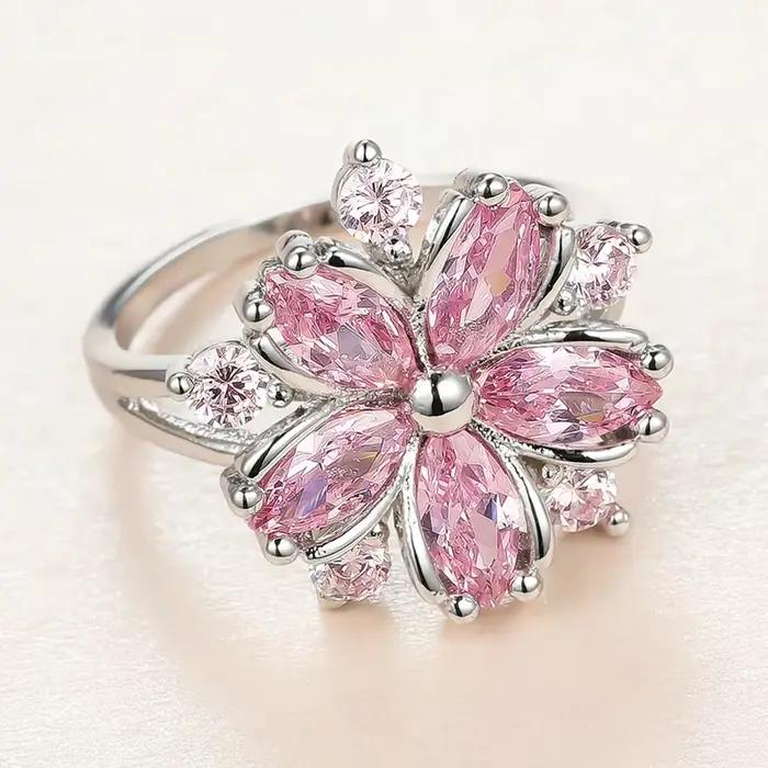 Bague de fiançailles en pierre de cristal rose pour femmes