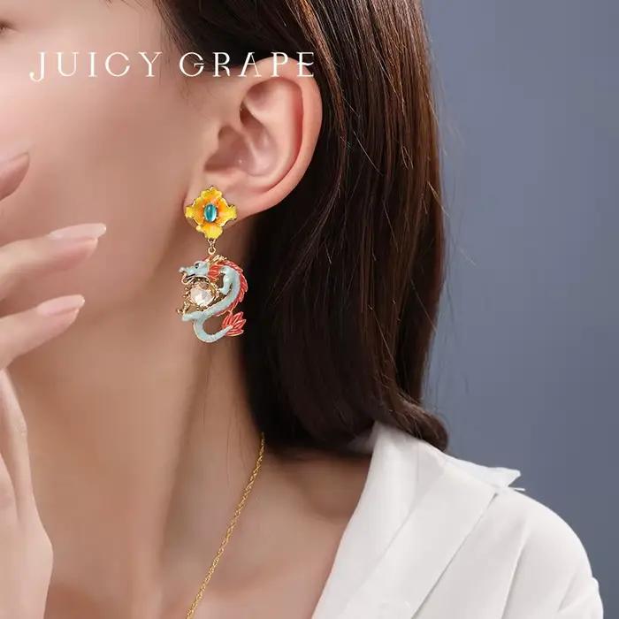Boucles d'oreilles Loong Grape Juicy pour femme, épingle en argent 925, émail fait à la main, colliers de la présidence du dragon, bague de cocktail unisexe, bijoux colorés pour la fête