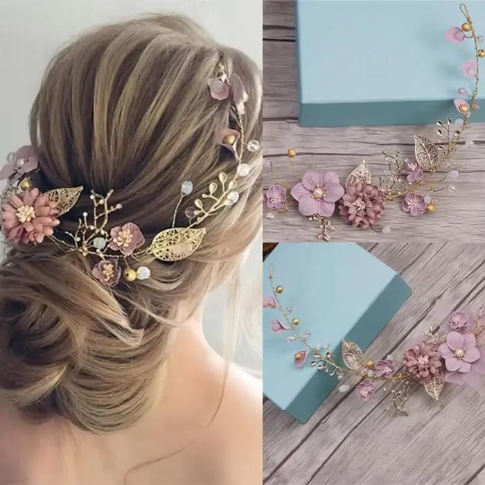 Serre-tête fleur rose pour cheveux longs