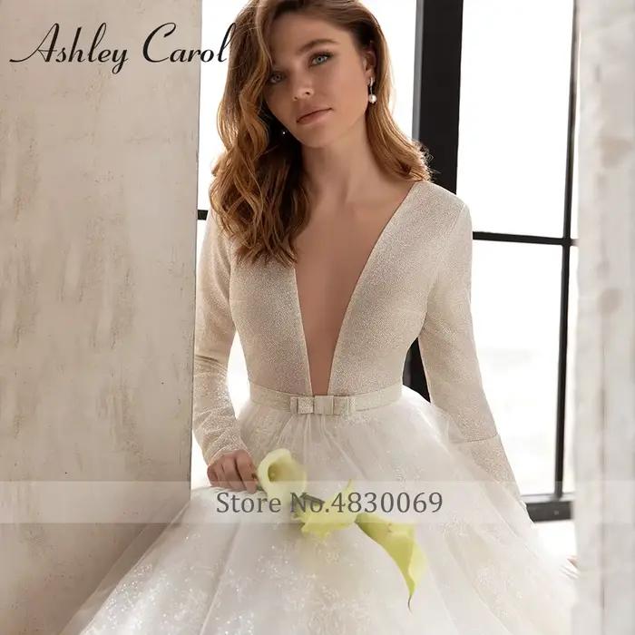 Ashley Carol-Robe de mariée en dentelle brillante à manches longues