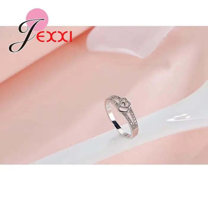 Bague en argent sterling 925 sertie de zirconium blanc romantique avec double cœur pour femmes occasions spéciales fiançailles mariage anniversaire party soirée chic