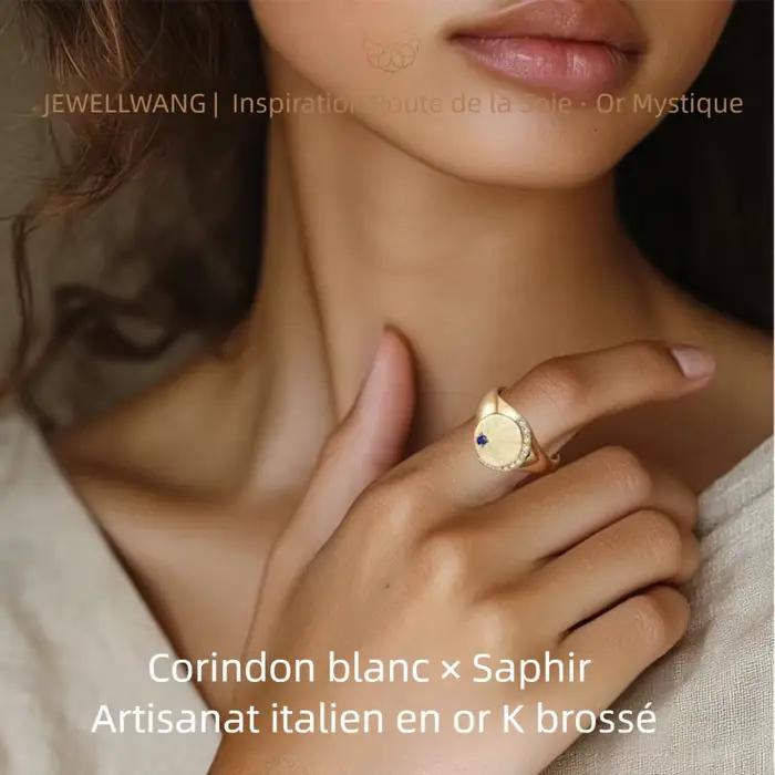 Bague en saphir cultivé en laboratoire JEWELLWANG, artisanat italien brossé, argent 925, style royal vintage, bijoux fins faits à la main sur mesure pour les fêtes
