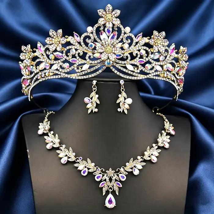 Ensembles de bijoux de mariage Princesse Fleur diadèmes colliers boucles d'oreilles cristal floral pour femmes occasions spéciales