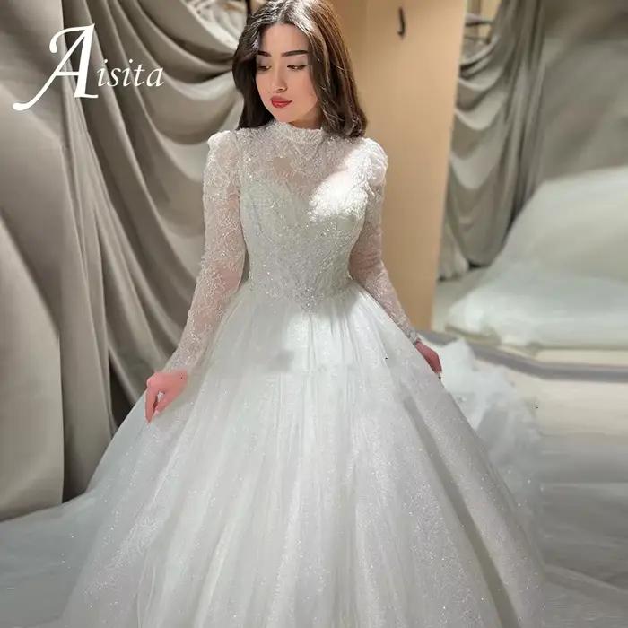 Robe de mariée de luxe 2025, col haut, manches longues, appliques en dentelle, paillettes, robes de mariée, robe de mariage, vestidos de novia, sur mesure