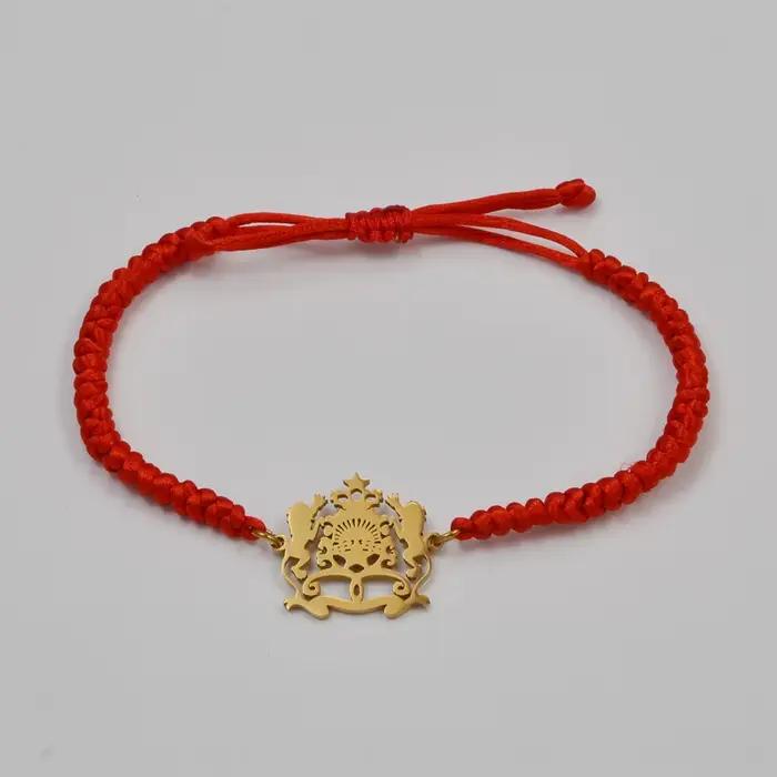 (1 pièce) Bracelet en corde rouge et noir avec symbole du drapeau du Maroc, bijoux marocains # 506362R