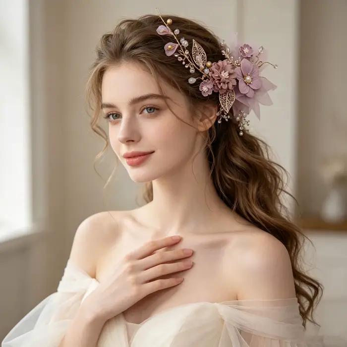 Serre-tête fleur rose pour cheveux longs