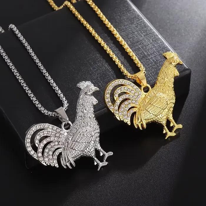 Pendentif de coq en métal avec incrustations de cristal de zircon pour homme et femme occasions spéciales cadeau de luxe