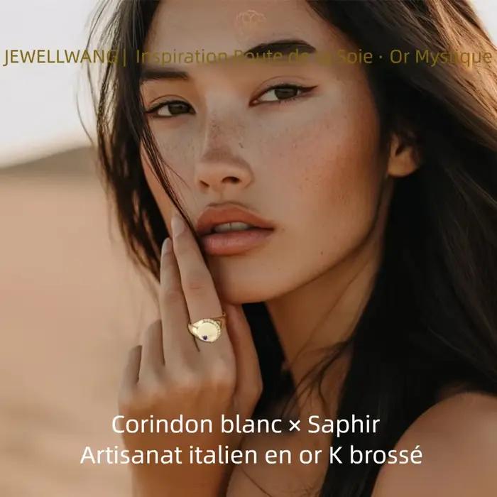 Bague en saphir cultivé en laboratoire JEWELLWANG, artisanat italien brossé, argent 925, style royal vintage, bijoux fins faits à la main sur mesure pour les fêtes