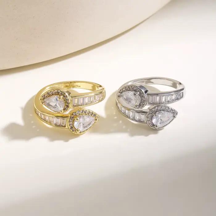 Nidin – bague élégante en zircone cubique pour femmes, double goutte d'eau, cristal baguette, promesse, alliance de mariage, bijoux de fête, cadeaux