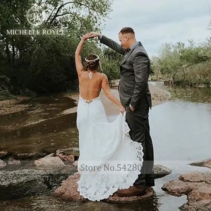 Michelle Royce a-ligne robes De mariée pour les femmes Sexy col en v Appliques à lacets chapelle Train robe