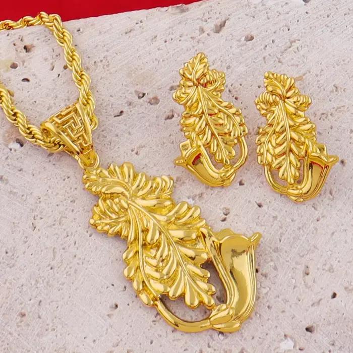 Ensemble de bijoux couleur or pour femmes, arabie saoudite, dubaï, longue chaîne de luxe, forme de gloire du matin, boucle d'oreille pour fête, cadeau de rencontre, vente en gros