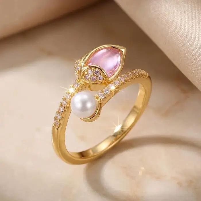 Élégantes bagues en forme de tulipe avec imitation de perles pour femmes