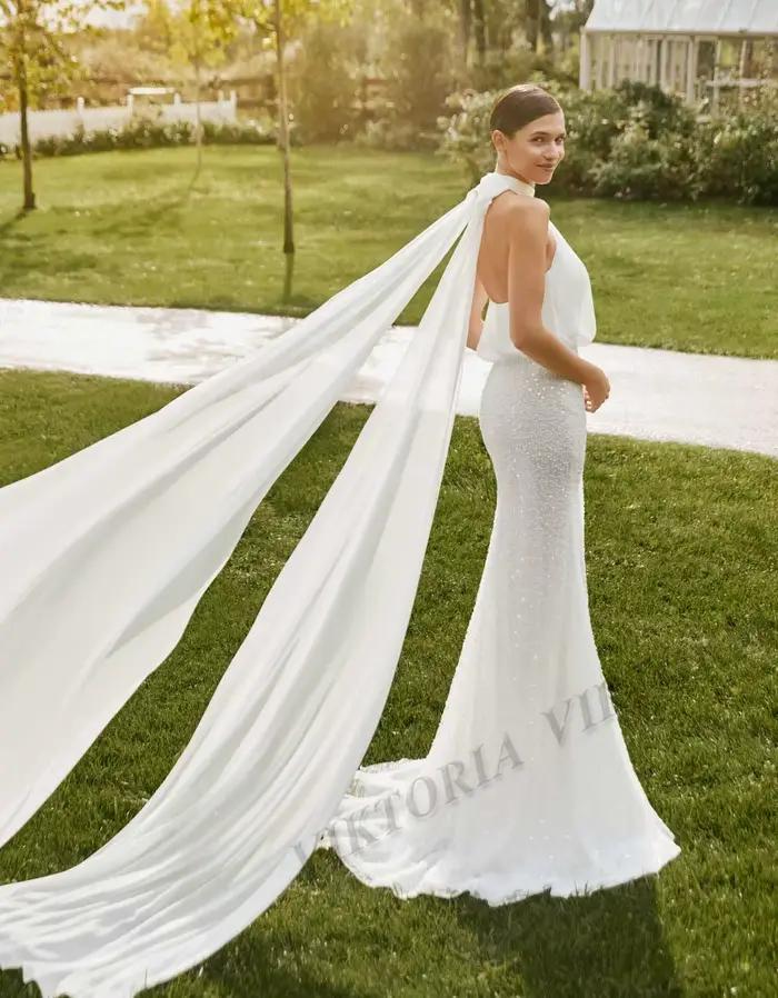 Robe de mariée VIKTORIA en mousseline de soie avec perles, arc et train de balayage élégante pour femmes occasions spéciales