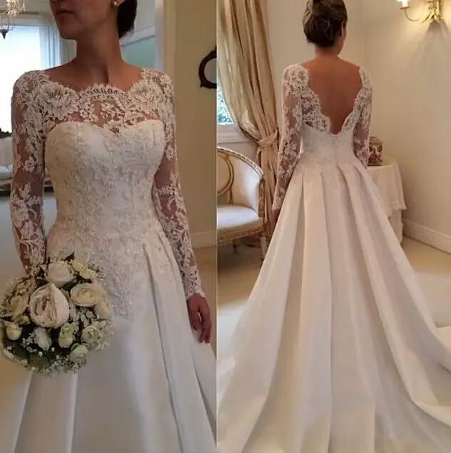 Robe de mariée élégante en Satin et dentelle, Vintage, dos nu, manches longues, sur mesure, 2020, 2022