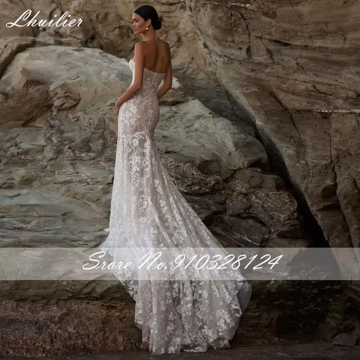 Robes de mariée sirène en dentelle sans bretelles personnalisées Lhuillier