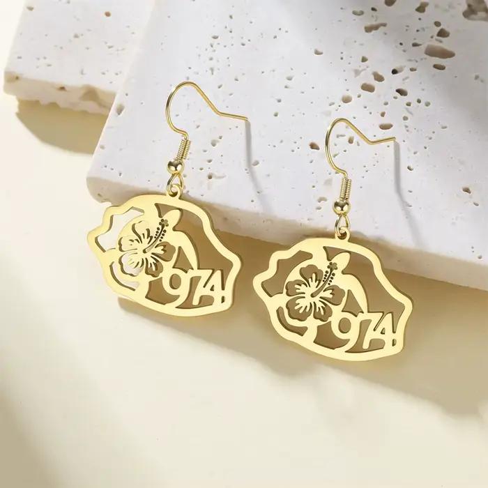 Boucles d'oreilles pendantes Eueavan Réunion Island Map en acier inoxydable, tortue de mer et hibiscus, pour femme, style polynésien, cadeau bijoux