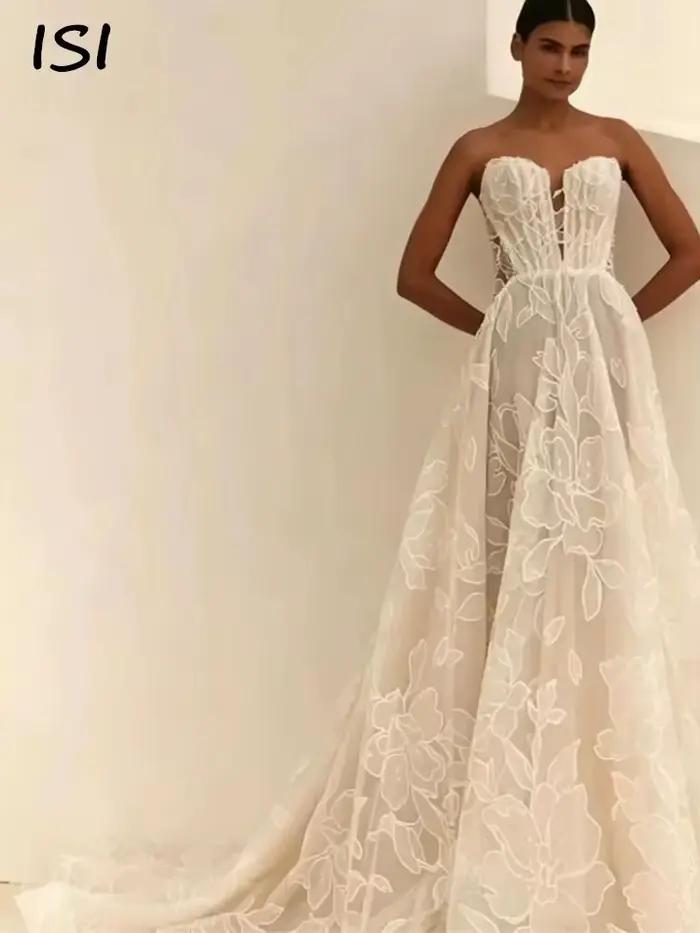 Robe de mariée en dentelle coupe trapèze ISI Fashionable Flowers, col en V, sans manches, appliques,